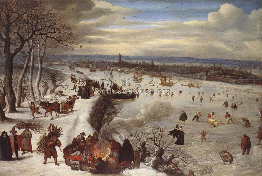 View of Antwerp with the Frozen Schelde - 鲁卡斯·凡·瓦肯博赫